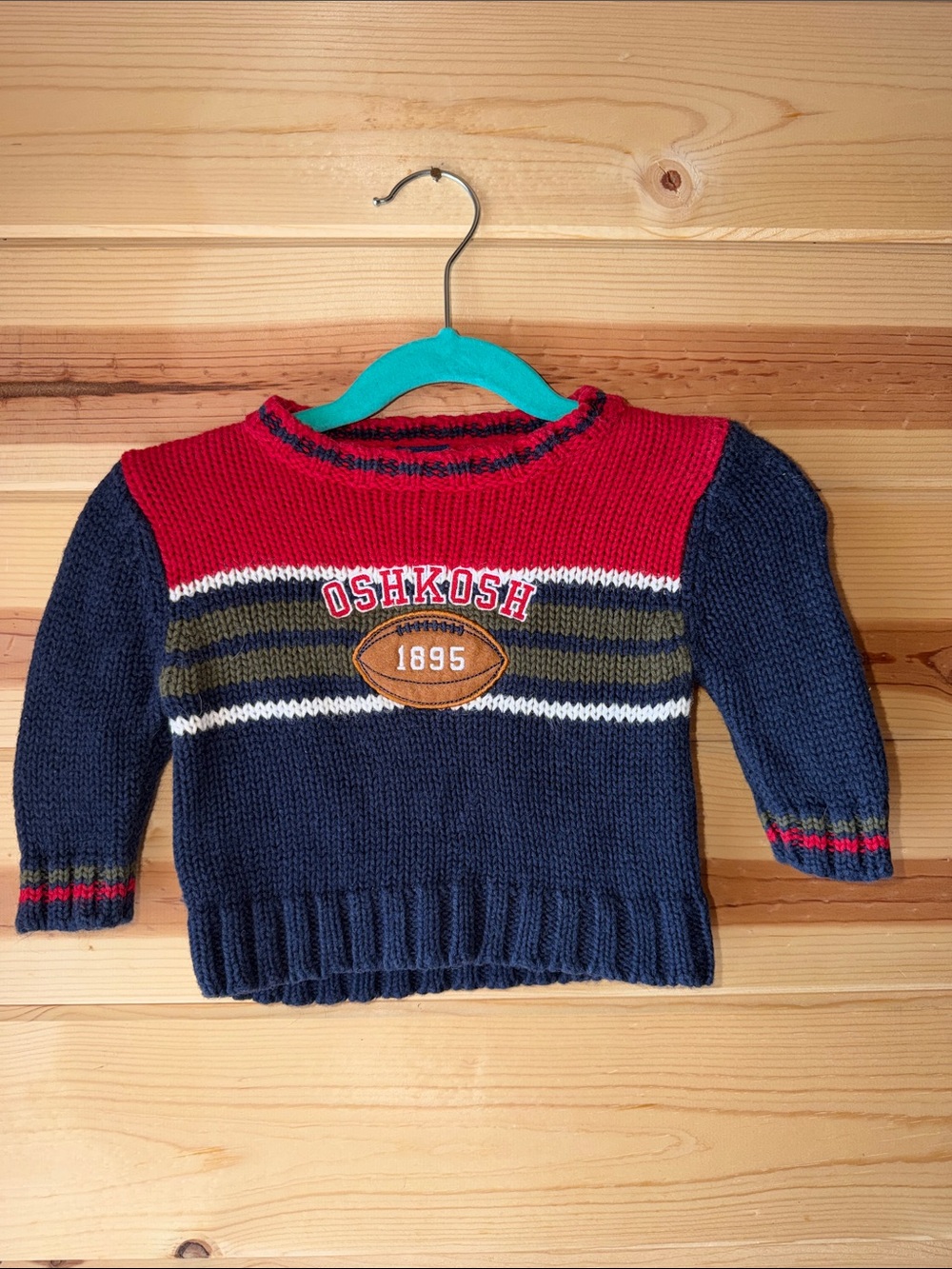 90s OshKosh Red and Navy Knit Baby Sweater with Football Embroidery